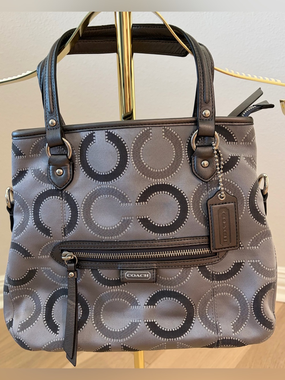 COACH Grey silver signature Op Art Jacquard leather shoulder tote bag - Picture 2 of 10